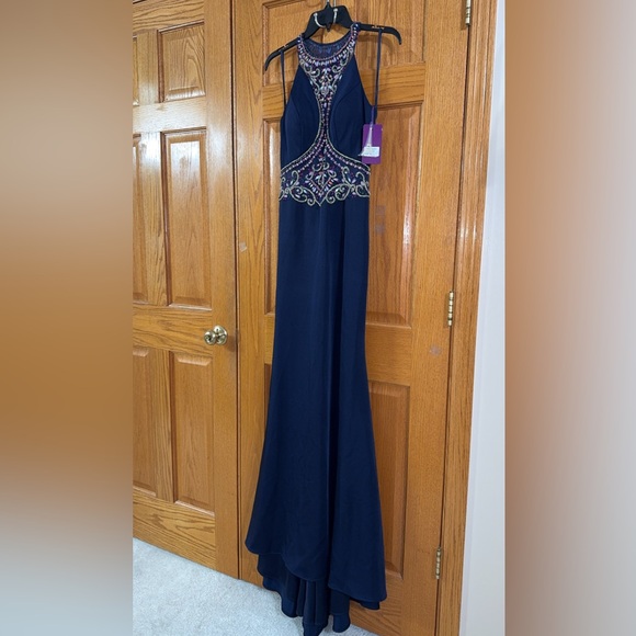 Abby Paris Dresses & Skirts - Abby Paris Formal Dress Size 8 Navy Blue Beaded Waist Train Gown AUTHENTIC NWT